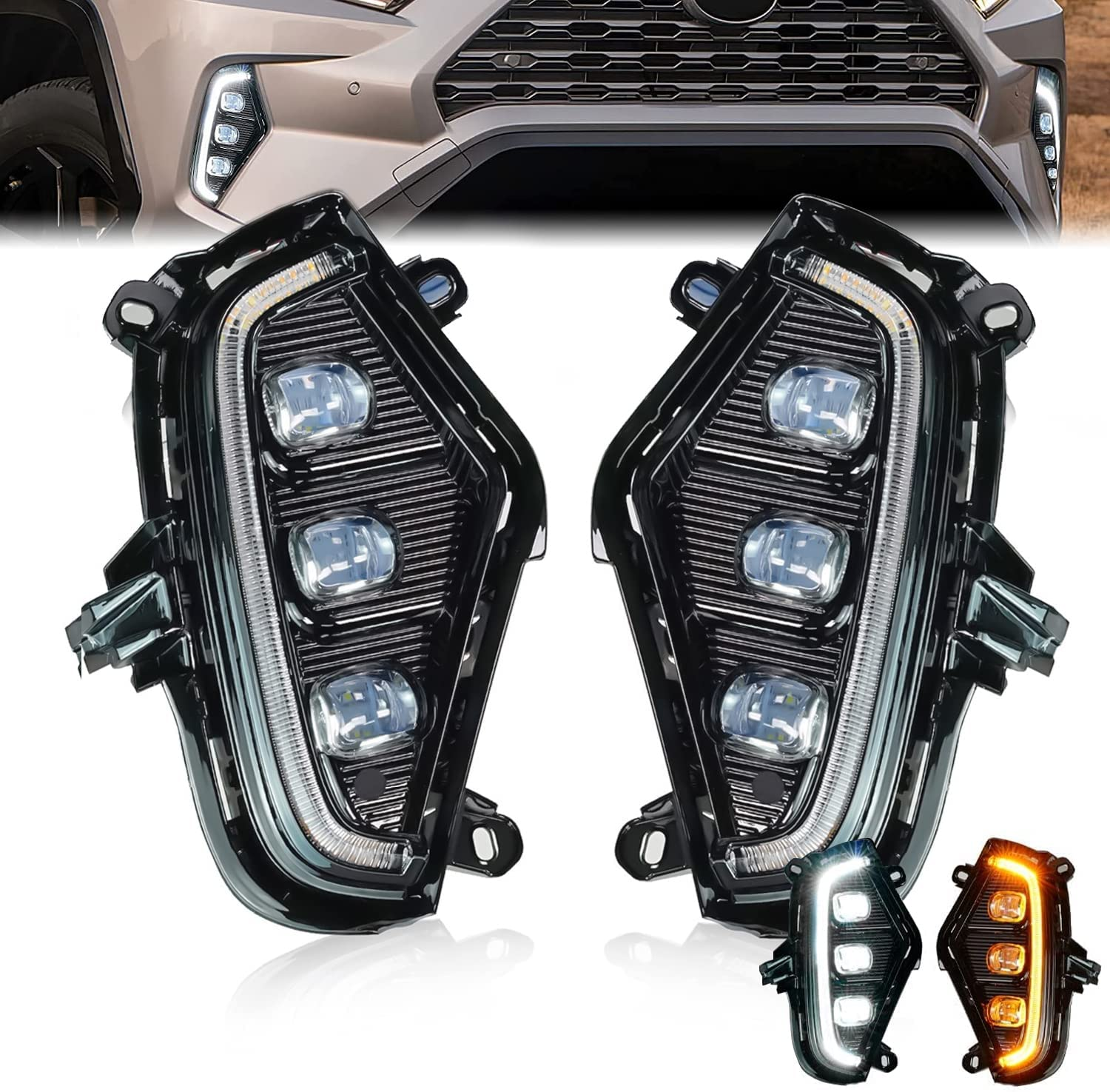 HW 4x4 LED DRL Lights Fog Lights with Amber Turn Signal Lamps 3 Eyes For Rav4 Accessories