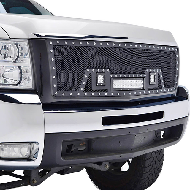 07-10 Chevy Silverado 2500HD/3500HD All Evolution All Black Stainless Steel Wire Mesh Packaged Grille With Three LED Lights for Chevy Silverado