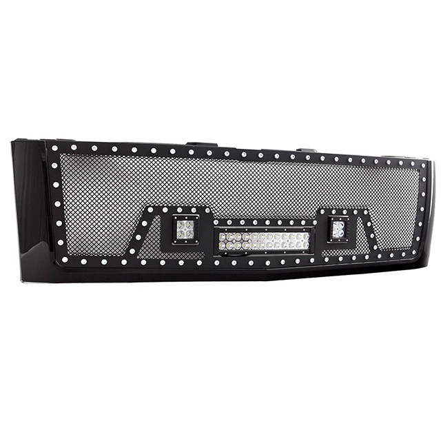 07-10 Chevy Silverado 2500HD/3500HD All Evolution All Black Stainless Steel Wire Mesh Packaged Grille With Three LED Lights for Chevy Silverado
